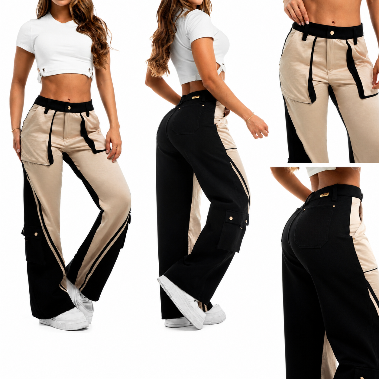 Two-Tone Colombian Wide-Leg Cargo Pants - Black & Beige