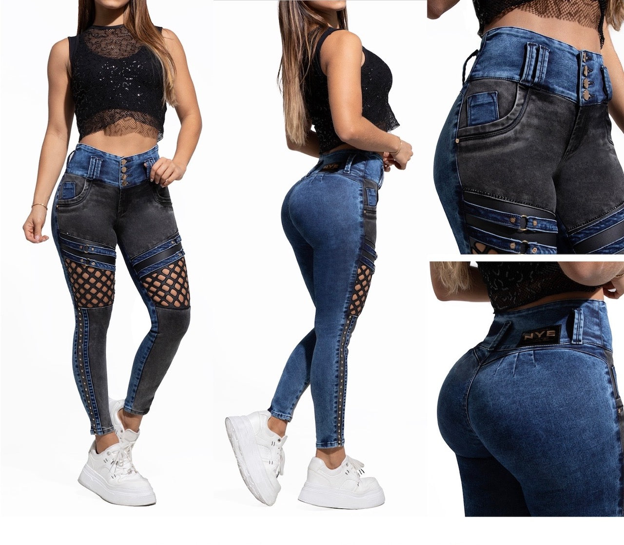 High-Waisted Colombian Skinny Jeans with Mesh Details