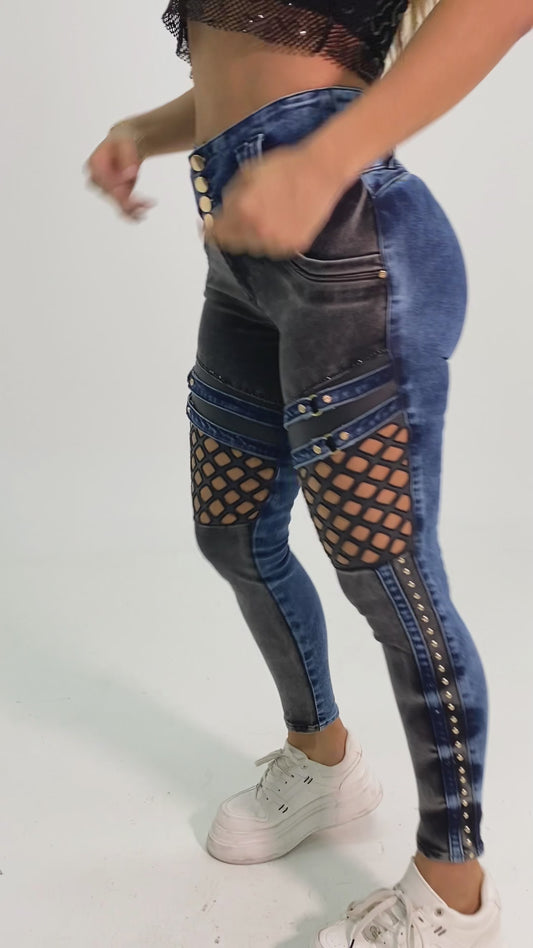 High-Waisted Colombian Skinny Jeans with Mesh Details