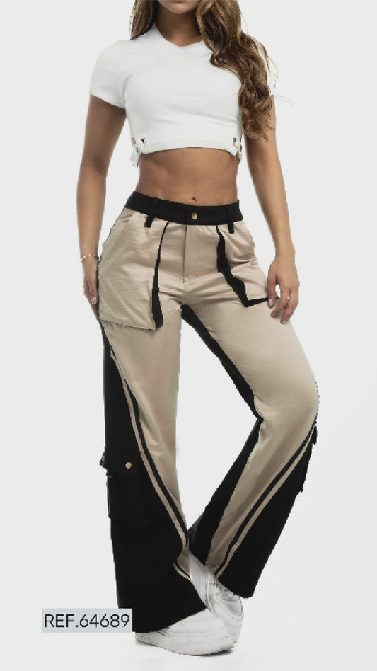 Two-Tone Colombian Wide-Leg Cargo Pants - Black & Beige