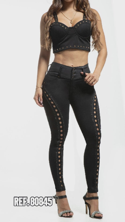 High-Waisted Colombian Skinny Jeans with Side Cutouts - Black